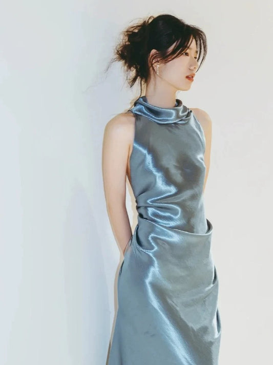 Simple Mermaid Halter Satin Evening With Ribbon Summer Beach Formal Wedding Guest Dress N3505