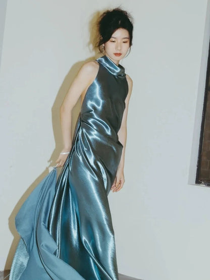 Simple Mermaid Halter Satin Evening With Ribbon Summer Beach Formal Wedding Guest Dress N3505