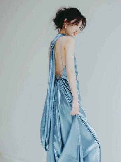 Simple Mermaid Halter Satin Evening With Ribbon Summer Beach Formal Wedding Guest Dress N3505