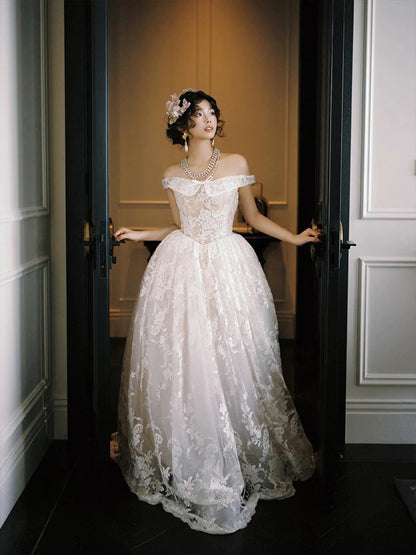 French Style Wedding Dresses Ball Gown Off The Shoulder Lace White Long Brides Gown N3506