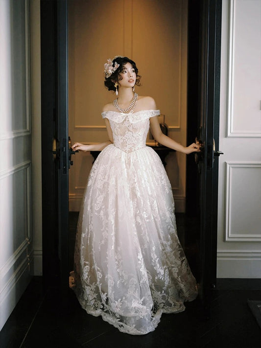 French Style Wedding Dresses Ball Gown Off The Shoulder Lace White Long Brides Gown N3506