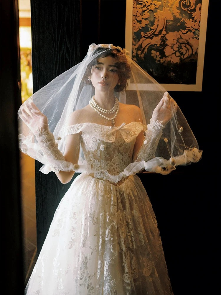 French Style Wedding Dresses Ball Gown Off The Shoulder Lace White Long Brides Gown N3506