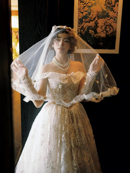 French Style Wedding Dresses Ball Gown Off The Shoulder Lace White Long Brides Gown N3506