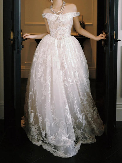 French Style Wedding Dresses Ball Gown Off The Shoulder Lace White Long Brides Gown N3506