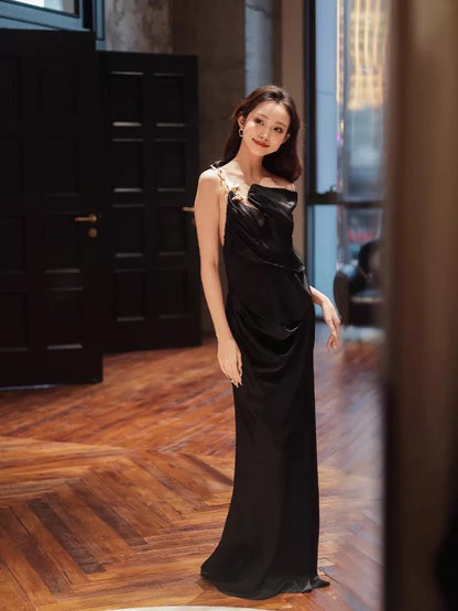 Simple Mermaid Black Tie Dress Satin Evening Backless Summer Beach Formal Wedding Guest Dress N3508