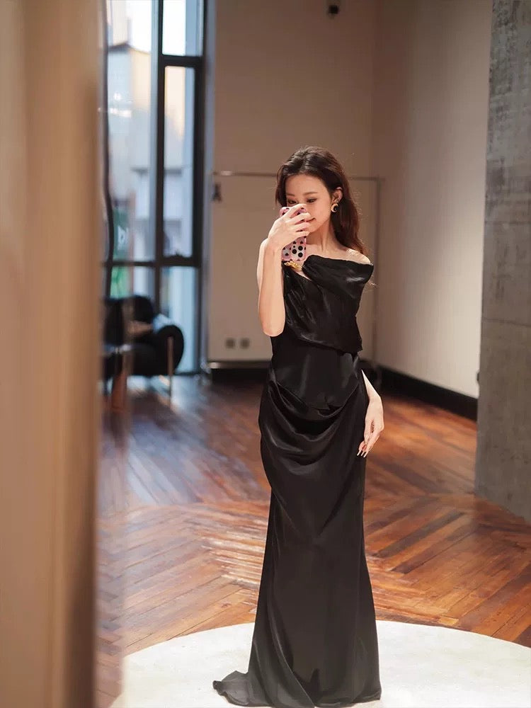 Simple Mermaid Black Tie Dress Satin Evening Backless Summer Beach Formal Wedding Guest Dress N3508