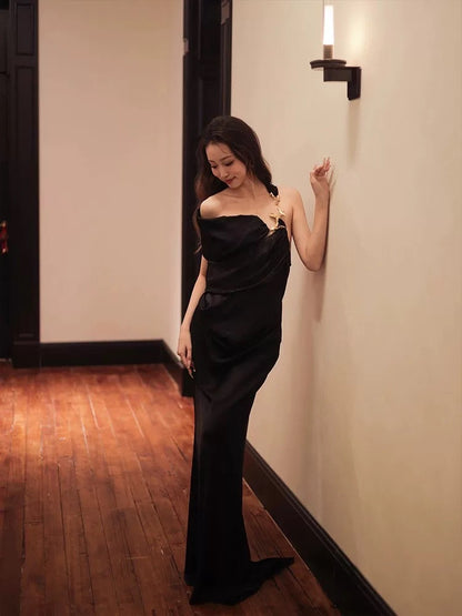 Simple Mermaid Black Tie Dress Satin Evening Backless Summer Beach Formal Wedding Guest Dress N3508