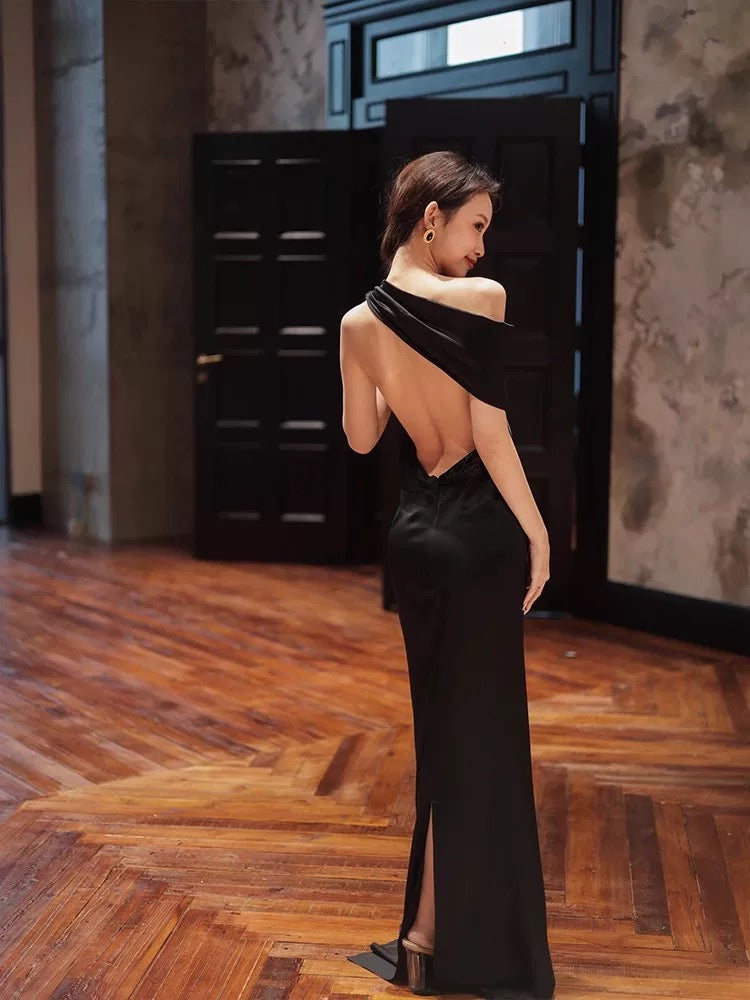 Simple Mermaid Black Tie Dress Satin Evening Backless Summer Beach Formal Wedding Guest Dress N3508