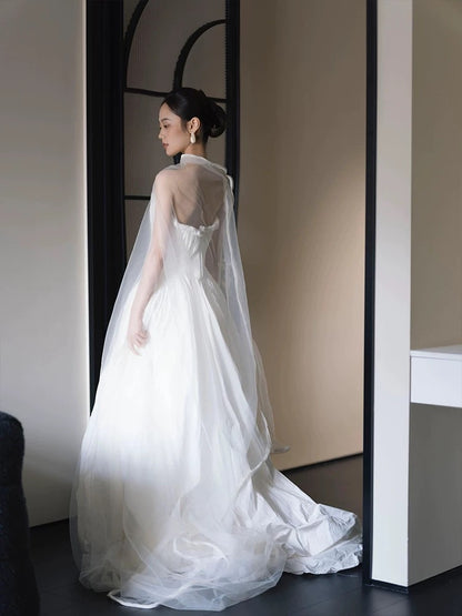 French Style Wedding Dresses A Line Sweetheart Satin Sleeveless White Long Brides Gown N3509