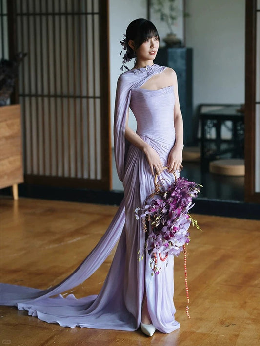 Charming Mermaid Strapless Lilac With Scarf Evening Summer Beach Formal Wedding Guest Dress N3510