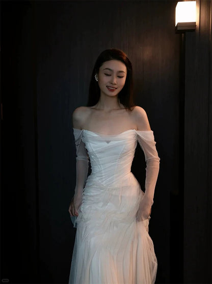 French Style Wedding Dresses Mermaid Off The Shoulder With Long Sleeves White Tulle Brides Gown N3511
