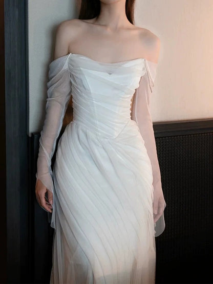 French Style Wedding Dresses Mermaid Off The Shoulder With Long Sleeves White Tulle Brides Gown N3511