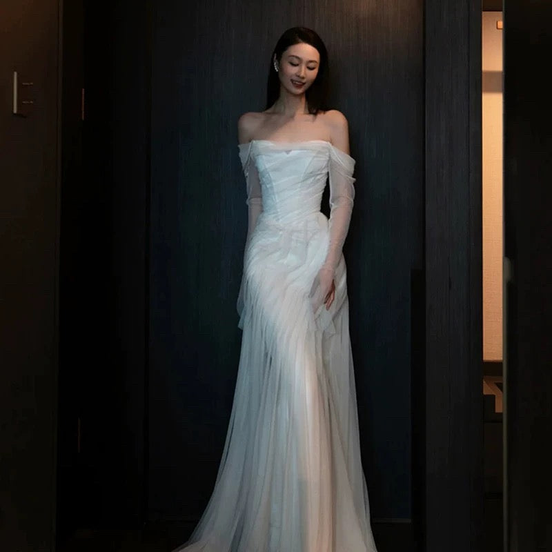 French Style Wedding Dresses Mermaid Off The Shoulder With Long Sleeves White Tulle Brides Gown N3511