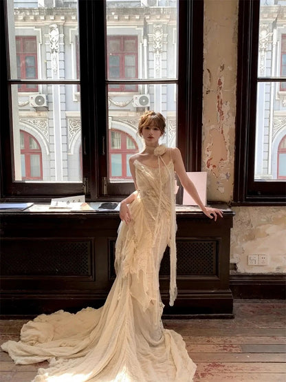 Romantic Wedding Dresses Mermaid Spaghetti Strap Lace And Chiffon White Summer Beach Long Wedding Gown N3910