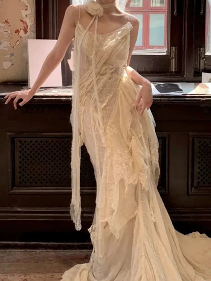 Romantic Wedding Dresses Mermaid Spaghetti Strap Lace And Chiffon White Summer Beach Long Wedding Gown N3910