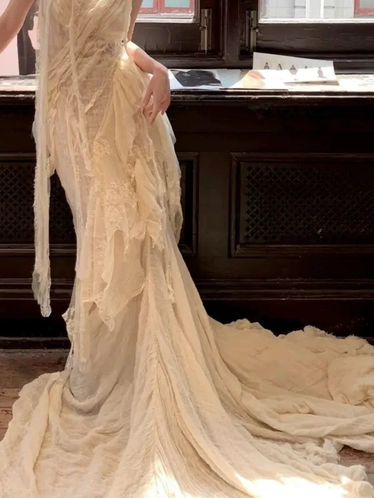 Romantic Wedding Dresses Mermaid Spaghetti Strap Lace And Chiffon White Summer Beach Long Wedding Gown N3910