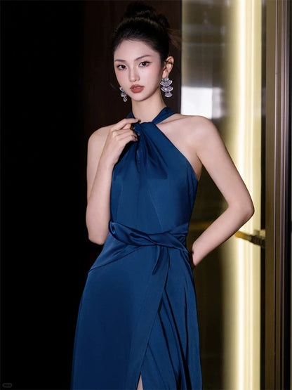 Simple A line Halter Satin Navy Blue Evening With Split Summer Beach Formal Wedding Guest Dress N3911