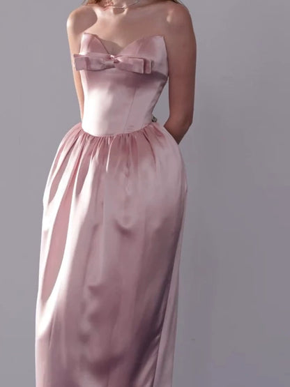 Simple A line Sweetheart Satin Pink Evening With Bow-knot Summer Beach Formal Wedding Guest Dress N3913