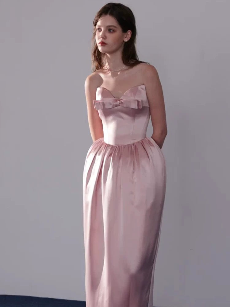 Simple A line Sweetheart Satin Pink Evening With Bow-knot Summer Beach Formal Wedding Guest Dress N3913