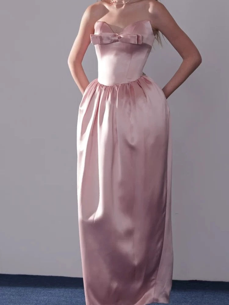 Simple A line Sweetheart Satin Pink Evening With Bow-knot Summer Beach Formal Wedding Guest Dress N3913