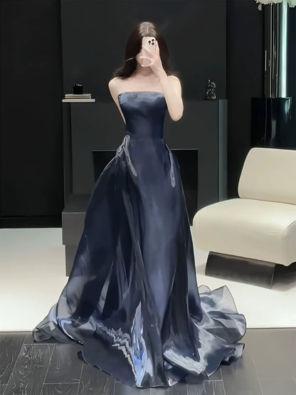 Charming Prom Dresses Mermaid Strapless Navy Blue Organza Long Formal Evening Dress N3914