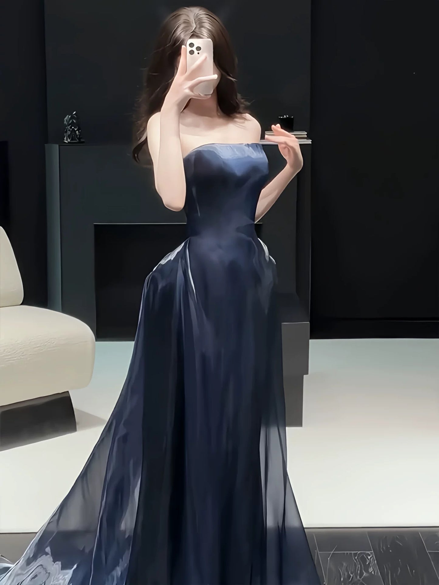 Charming Prom Dresses Mermaid Strapless Navy Blue Organza Long Formal Evening Dress N3914
