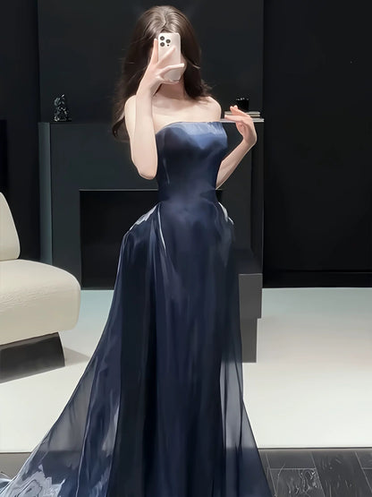 Charming Prom Dresses Mermaid Strapless Navy Blue Organza Long Formal Evening Dress N3914