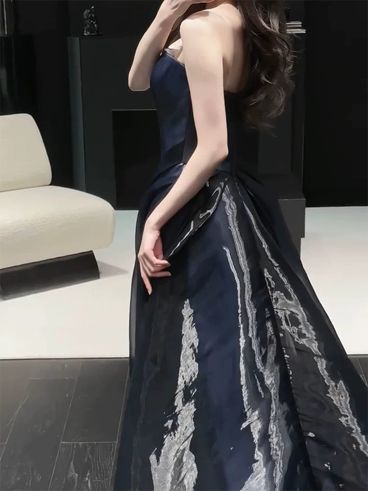 Charming Prom Dresses Mermaid Strapless Navy Blue Organza Long Formal Evening Dress N3914