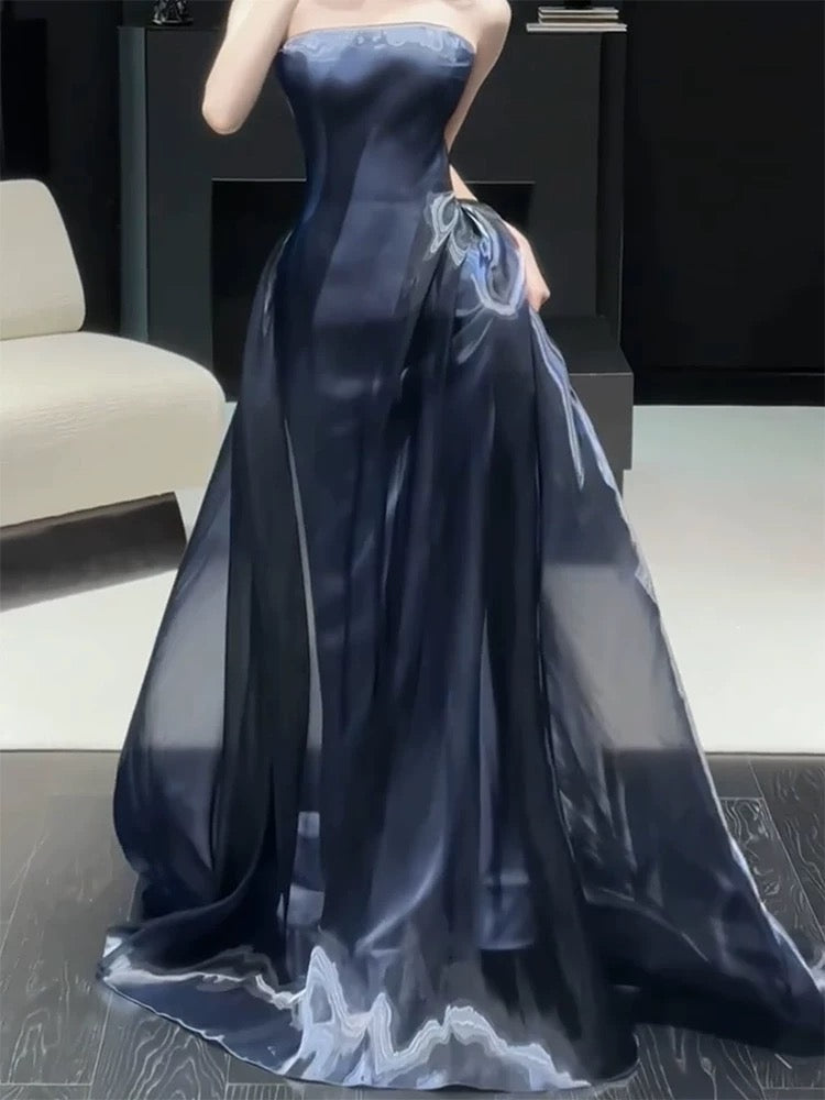 Charming Prom Dresses Mermaid Strapless Navy Blue Organza Long Formal Evening Dress N3914