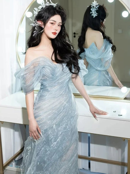 Charming Prom Dresses Mermaid Off The Shoulder Light Sky Blue Organza Long Formal Evening Dress N3917