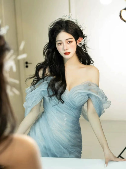 Charming Prom Dresses Mermaid Off The Shoulder Light Sky Blue Organza Long Formal Evening Dress N3917