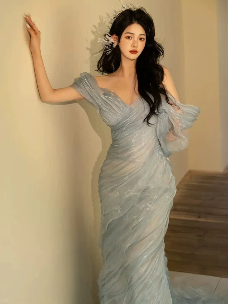 Charming Prom Dresses Mermaid Off The Shoulder Light Sky Blue Organza Long Formal Evening Dress N3917