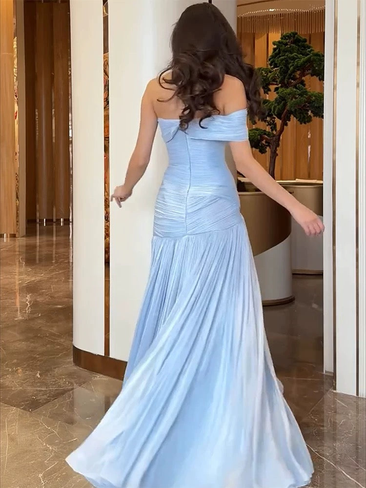 Charming Prom Dresses Mermaid One Shoulder Chiffon Blue Beaded Long Formal Evening Dress N3918