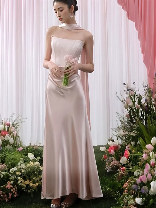 Simple Mermaid Strapless Satin Pink Evening With Scarf Summer Beach Formal Wedding Guest Dress N3919