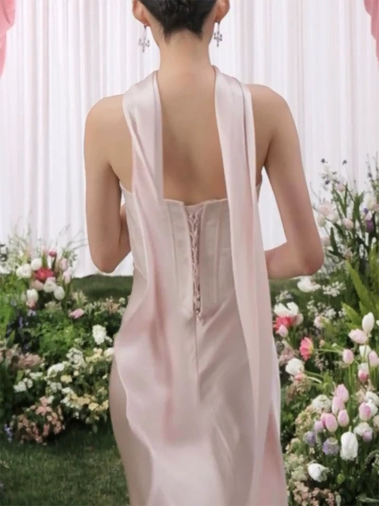 Simple Mermaid Strapless Satin Pink Evening With Scarf Summer Beach Formal Wedding Guest Dress N3919