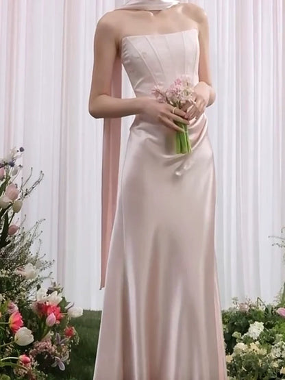 Simple Mermaid Strapless Satin Pink Evening With Scarf Summer Beach Formal Wedding Guest Dress N3919