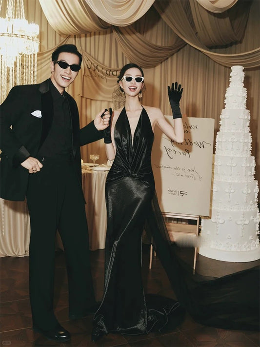 Simple Mermaid Halter Black Tie Evening Spring Summer Beach Formal Wedding Guest Dress N3920