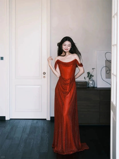 Sparkly Prom Dresses Mermaid Off The Shoulder Red Sequin Long Formal Evening Dress N3921