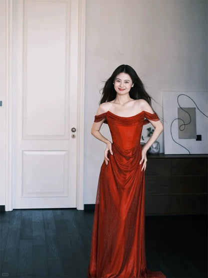 Sparkly Prom Dresses Mermaid Off The Shoulder Red Sequin Long Formal Evening Dress N3921