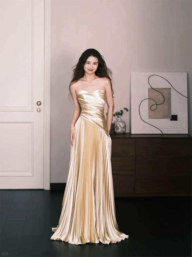 Simple A Line Sweetheart Gold Satin Evening Spring Summer Beach Formal Wedding Guest Dresses N3922