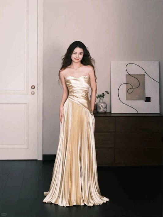 Simple A Line Sweetheart Gold Satin Evening Spring Summer Beach Formal Wedding Guest Dresses N3922
