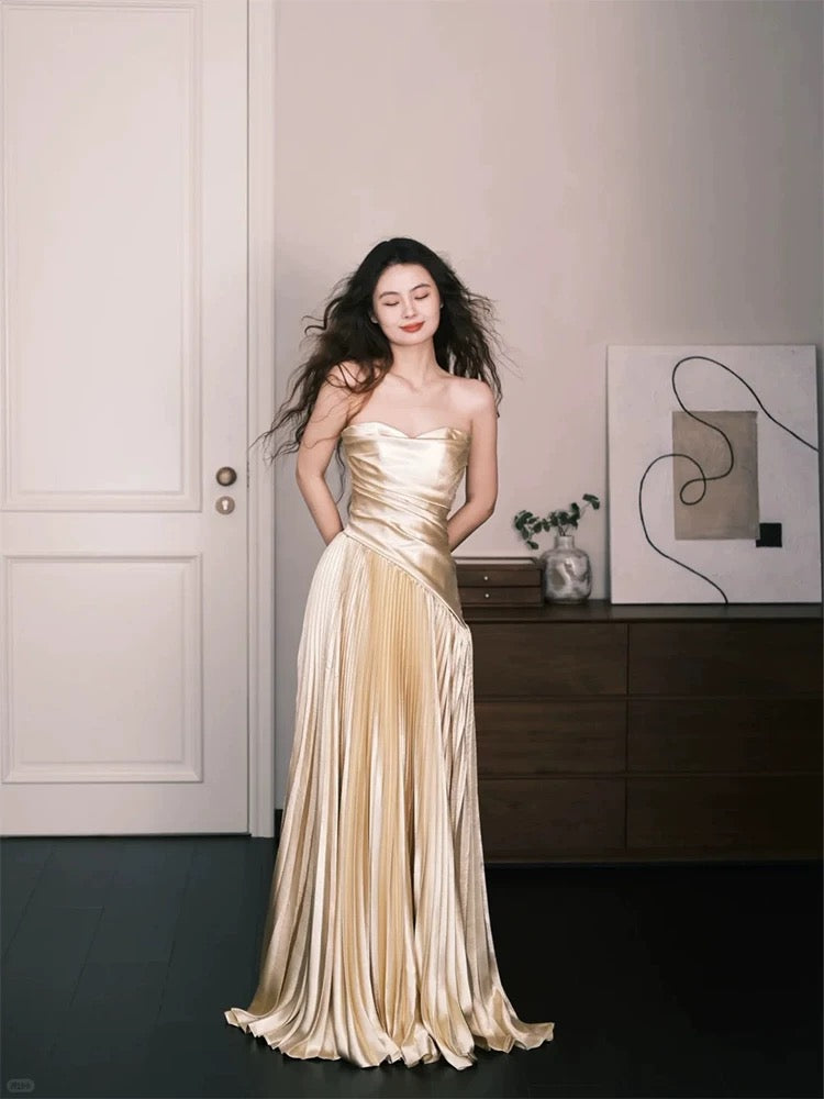 Simple A Line Sweetheart Gold Satin Evening Spring Summer Beach Formal Wedding Guest Dresses N3922