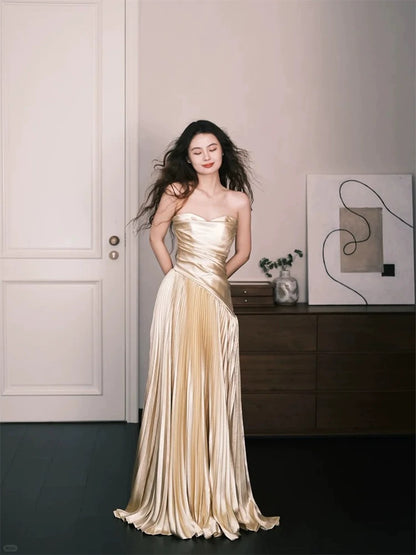 Simple A Line Sweetheart Gold Satin Evening Spring Summer Beach Formal Wedding Guest Dresses N3922