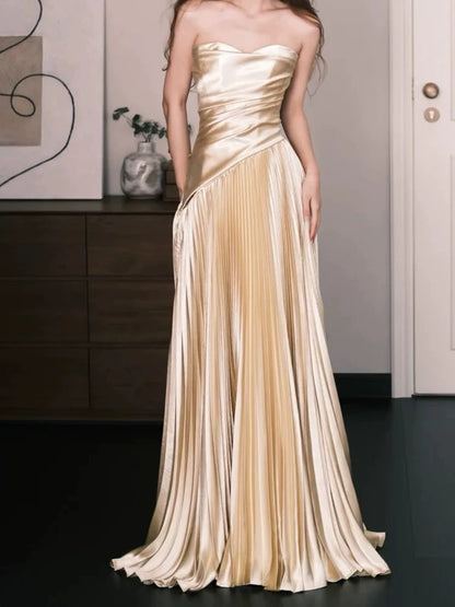 Simple A Line Sweetheart Gold Satin Evening Spring Summer Beach Formal Wedding Guest Dresses N3922