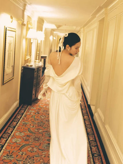 Romantic Wedding Dresses Mermaid Off The Shoulder With Long Sleeves Satin Summer Garden Wedding Gown N3923