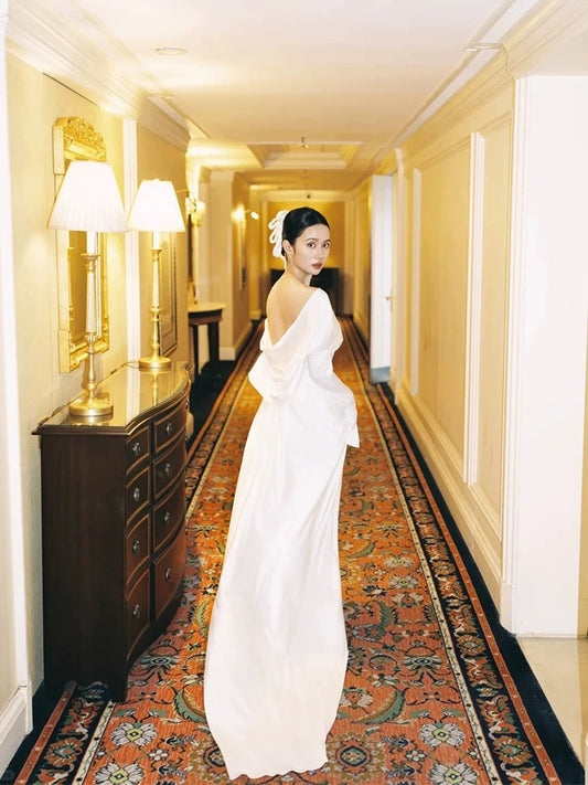 Romantic Wedding Dresses Mermaid Off The Shoulder With Long Sleeves Satin Summer Garden Wedding Gown N3923