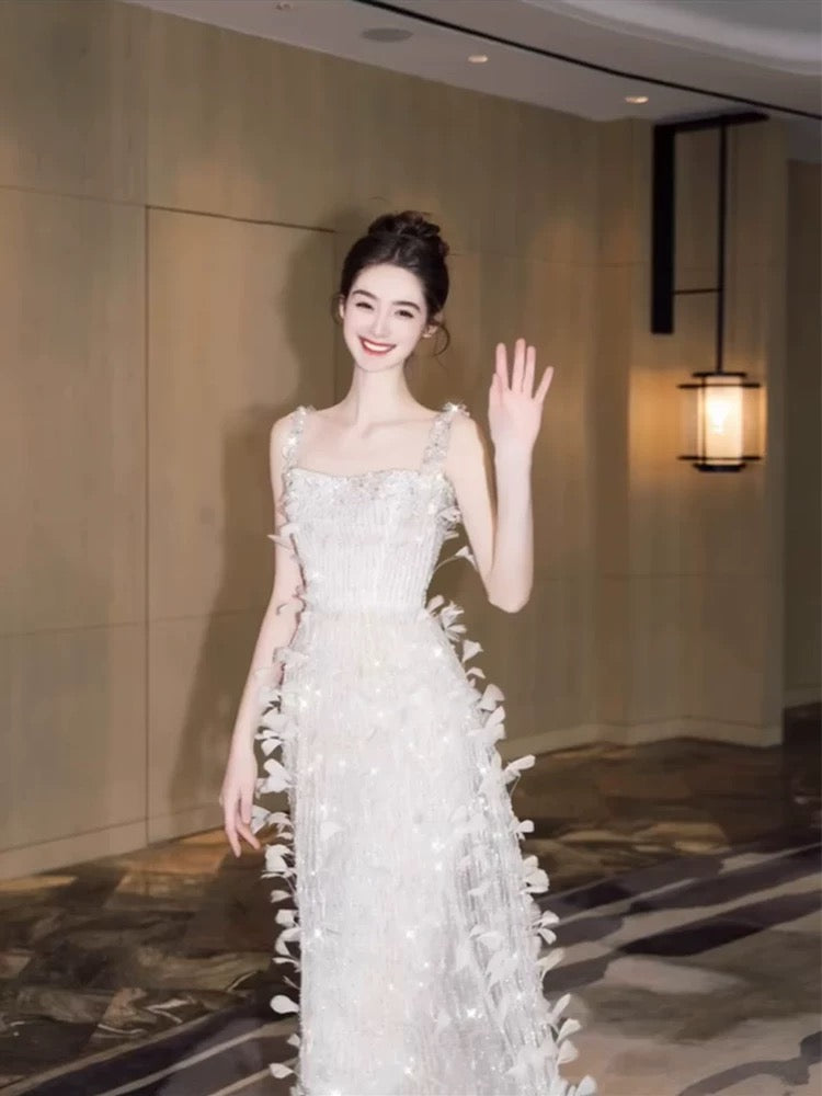 Sparkly Prom Dresses A Line Spaghetti Strap White With Feathers Sequin Long Formal Evening Dress N3925