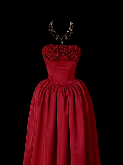 Cute Prom Dresses Ball Gown Strapless Burgundy With 3D Flowers Long Formal Evening Dress N3929