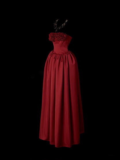 Cute Prom Dresses Ball Gown Strapless Burgundy With 3D Flowers Long Formal Evening Dress N3929