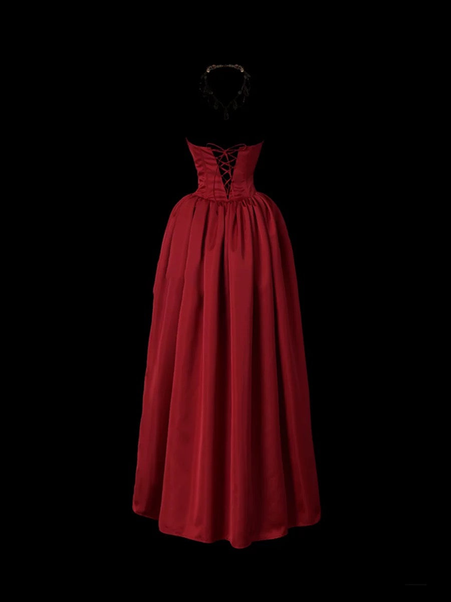Cute Prom Dresses Ball Gown Strapless Burgundy With 3D Flowers Long Formal Evening Dress N3929